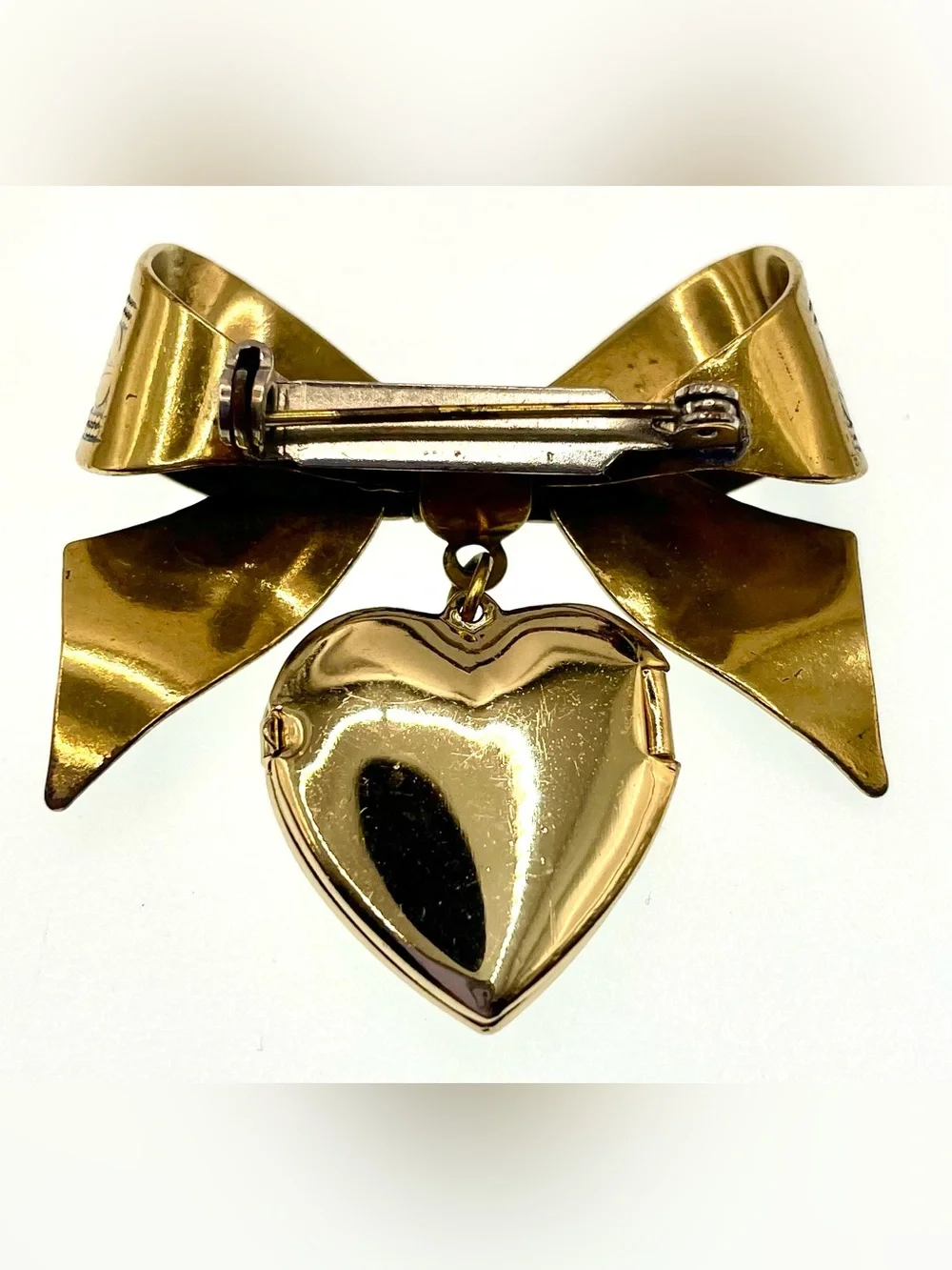 Vintage Gold Tone Bow Brooch Dangling Heart Locket Charm Victorian Revival